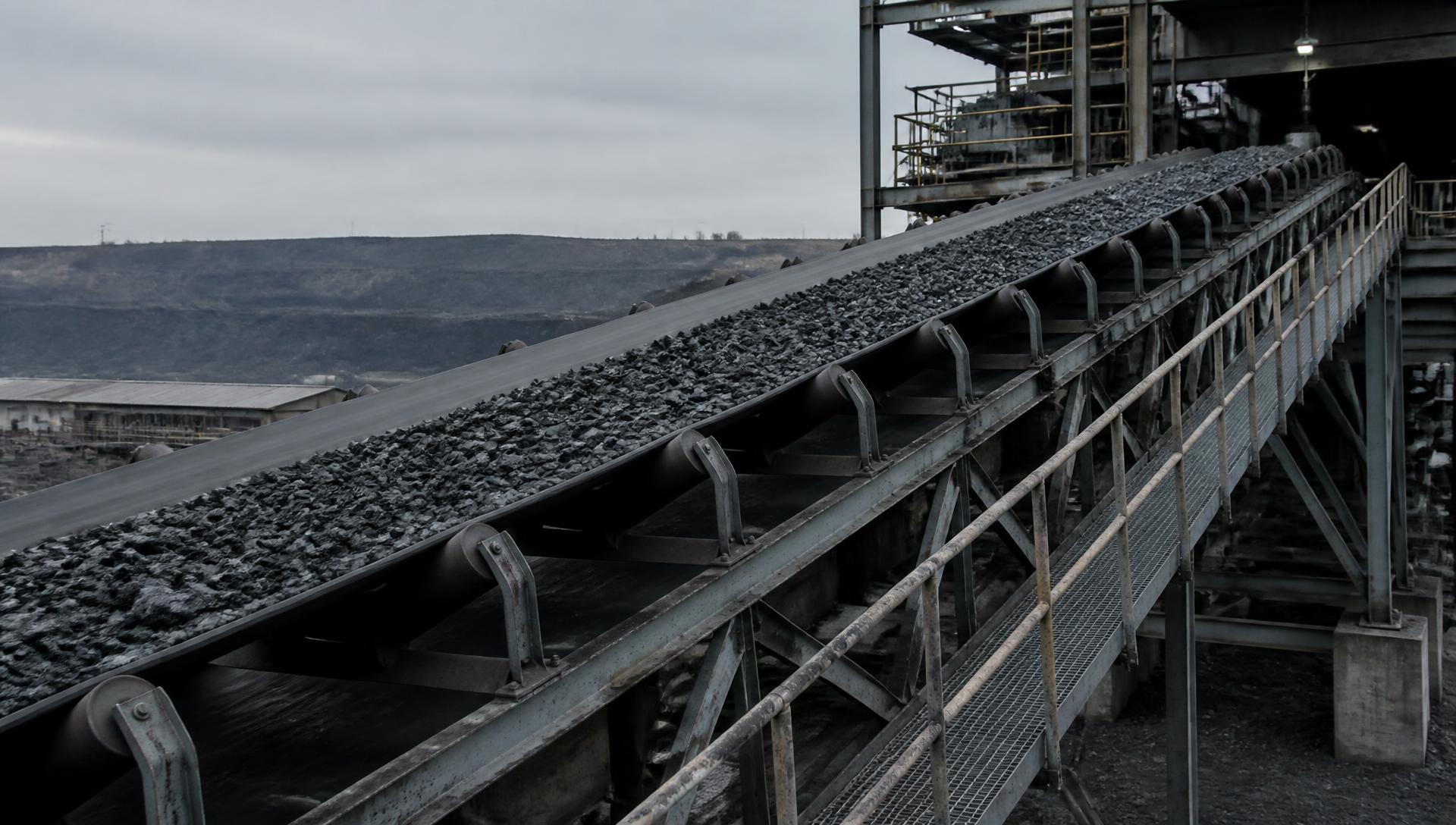 Heavy-duty operational conveyor carrying crushed ore through a mineral-processing plant